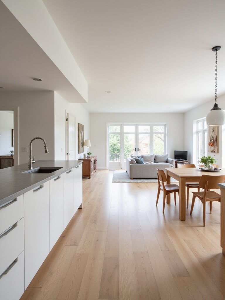 Open concept kitchen flowing into dining and living room with seamless flooring and consistent decor.