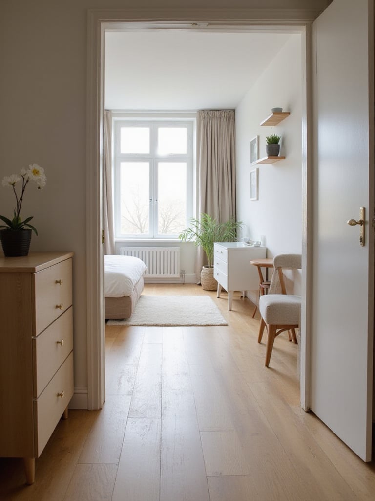 A small bedroom layout featuring a clear, unobstructed pathway from the door to the bed, demonstrating good flow and maximizing the usable space.