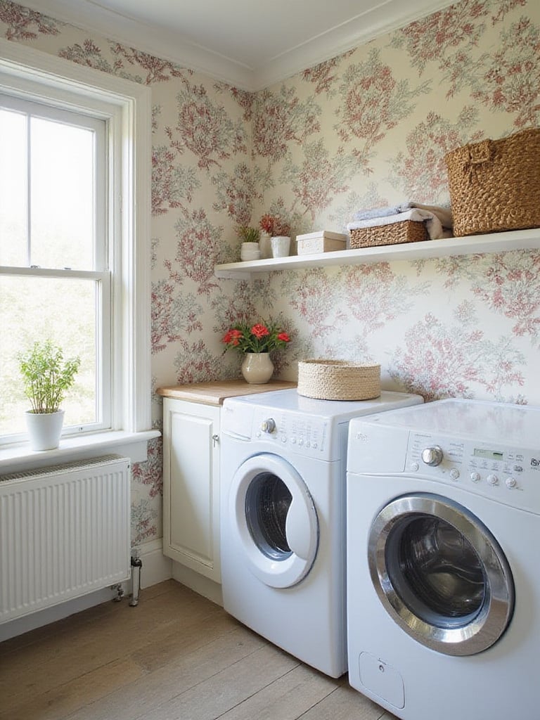 Laundry room with floral wallpaper that hides wall imperfections