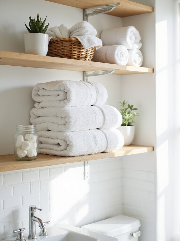 Open bathroom shelves displaying neatly folded and rolled white and grey towels alongside small decorative plants, creating a spa-like organized look.