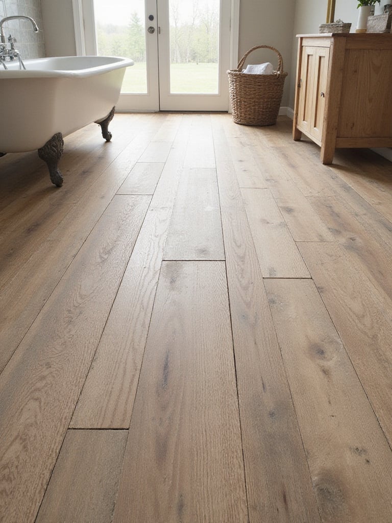 Rustic farmhouse bathroom featuring a floor tiled with wide plank distressed wood-look porcelain tile, providing warmth and durability.