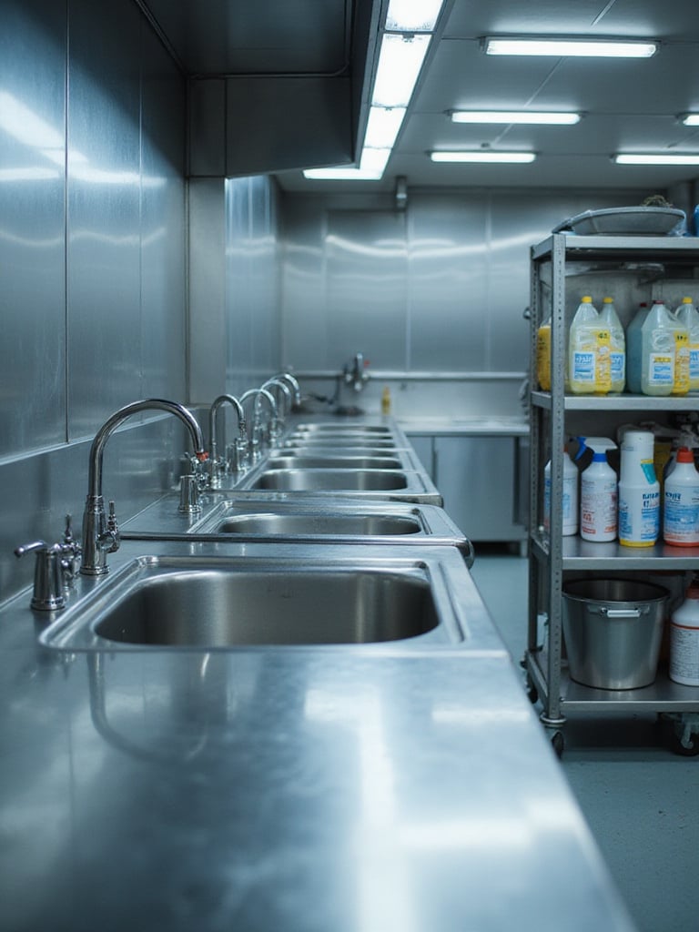 A wide view of a large, sparkling clean stainless steel industrial kitchen sink area, showcasing best practices for sanitation.