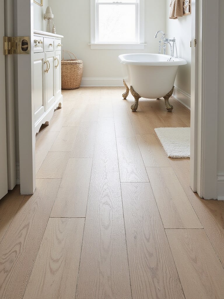 Farmhouse bathroom floor with large format wood-look porcelain tiles creating a seamless, easy-to-clean surface.