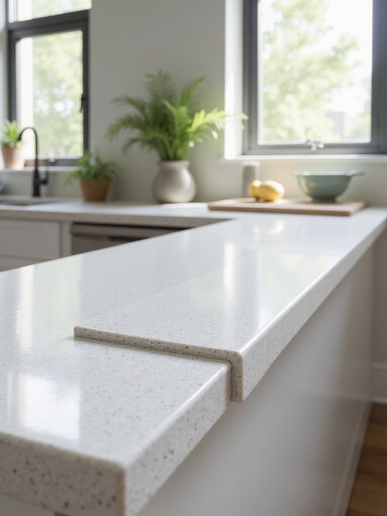 Close-up view of a durable, stylish quartz kitchen countertop with natural light highlighting its texture.