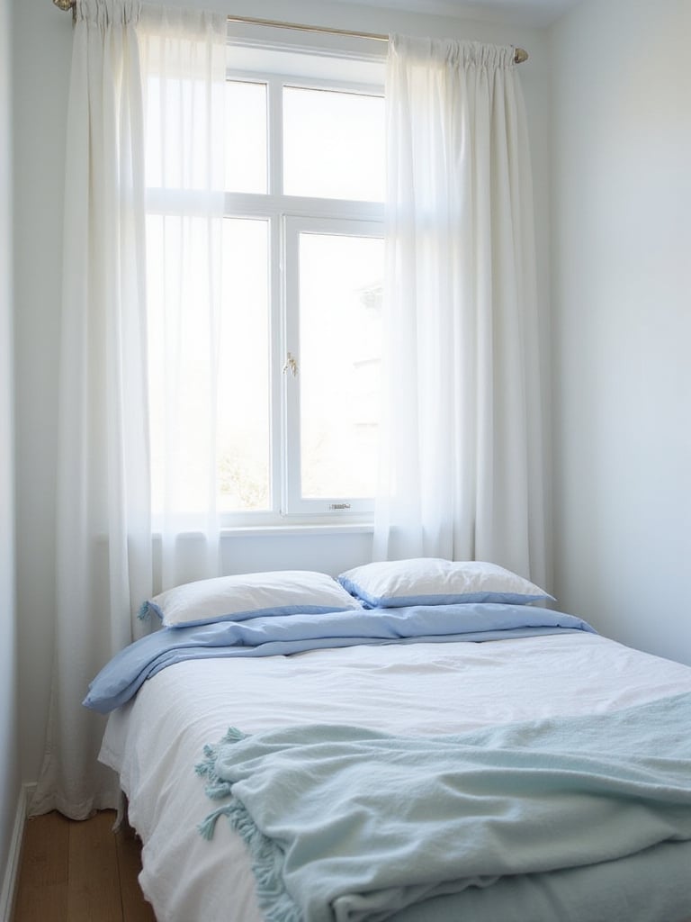 A small bedroom featuring bright, lightweight textiles like white and blue bedding and sheer curtains, enhancing the sense of light and space.