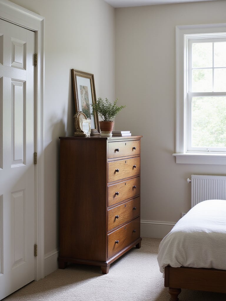 A tall, dark wood chest of drawers stands in the corner of a small, well-organized bedroom, illustrating how vertical furniture saves floor space and provides ample storage.