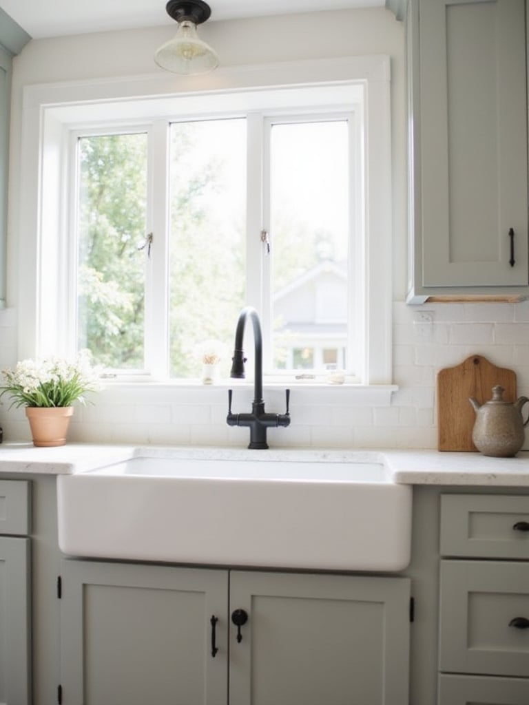 Modern farmhouse kitchen with white apron-front sink and light quartz countertop