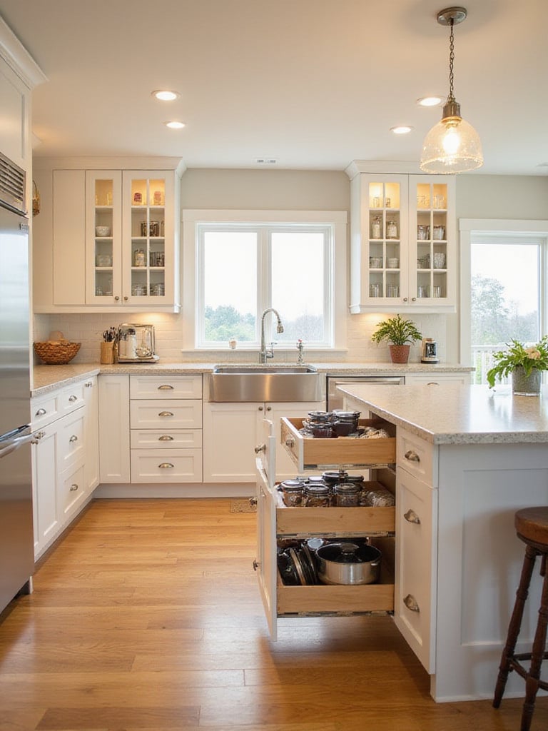 Modern kitchen featuring smart storage solutions including pull-out drawers, organized pantry, and corner cabinet lazy susan.