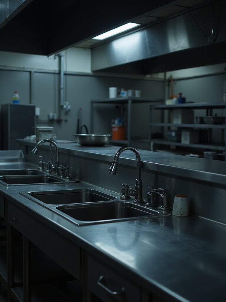 Large stainless steel industrial kitchen sinks with heavy-duty faucets in a dimly lit commercial kitchen environment, illustrating the need for sound dampening.