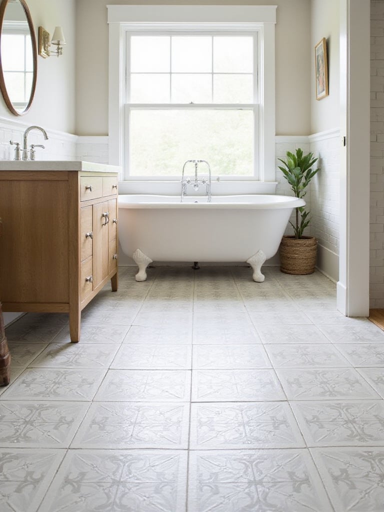 Farmhouse bathroom with subtle gray and white patterned floor tiles, a white clawfoot tub, and a wood vanity, showcasing a classic yet stylish design.