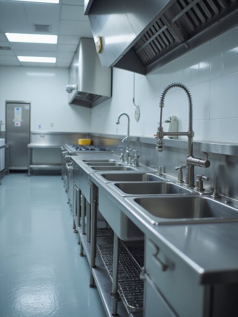 A large, three-compartment stainless steel industrial kitchen sink in a clean, well-lit commercial kitchen environment, highlighting its essential role in hygiene and operations.