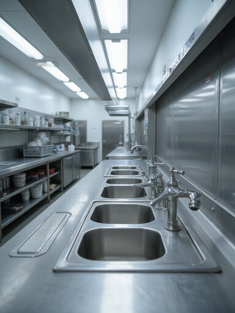 Large stainless steel three-compartment sink in a clean industrial kitchen, showing separate wash, rinse, and sanitize bowls.