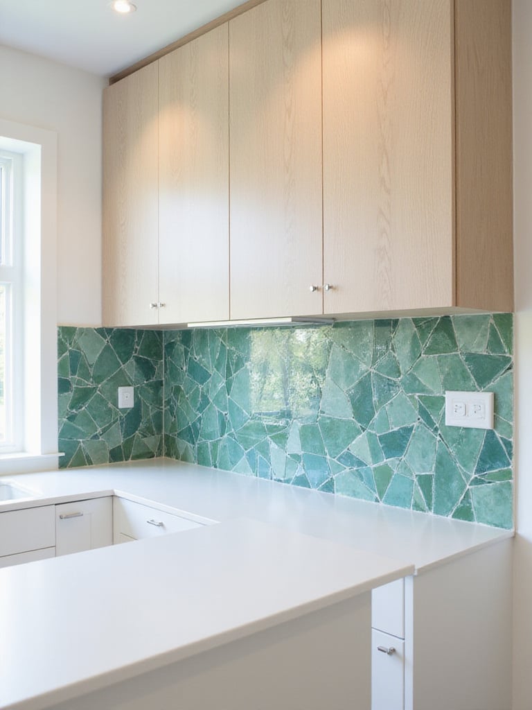 Modern kitchen with teal and green geometric glass tile backsplash.