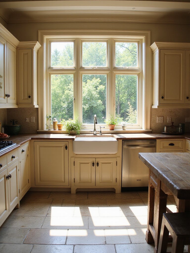 Spacious traditional kitchen with cream cabinets and wood countertops, showcasing abundant natural light streaming through a large window over the farm sink, creating a bright and inviting atmosphere.