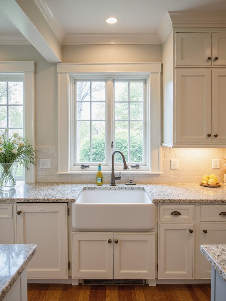 Traditional kitchen interior featuring timeless natural stone countertops, showcasing both durable granite and elegant veined marble on painted cabinets. Includes a classic apron-front sink.