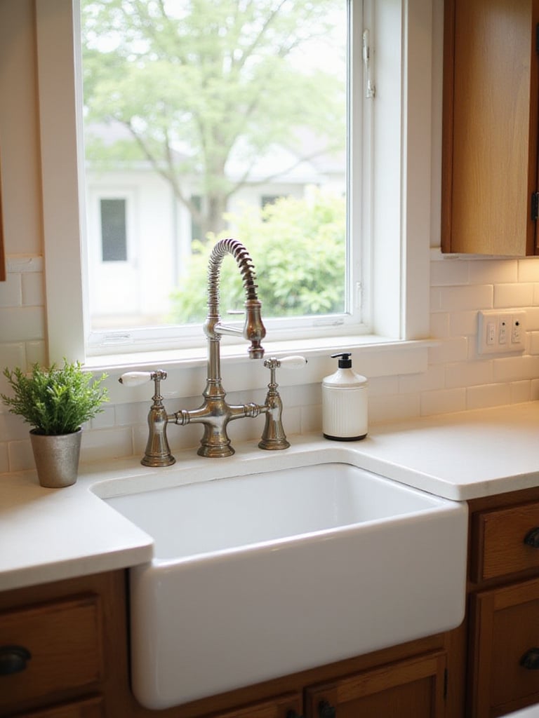 Traditional kitchen sink area featuring a white farmhouse sink and a classic polished nickel bridge faucet with cross handles.