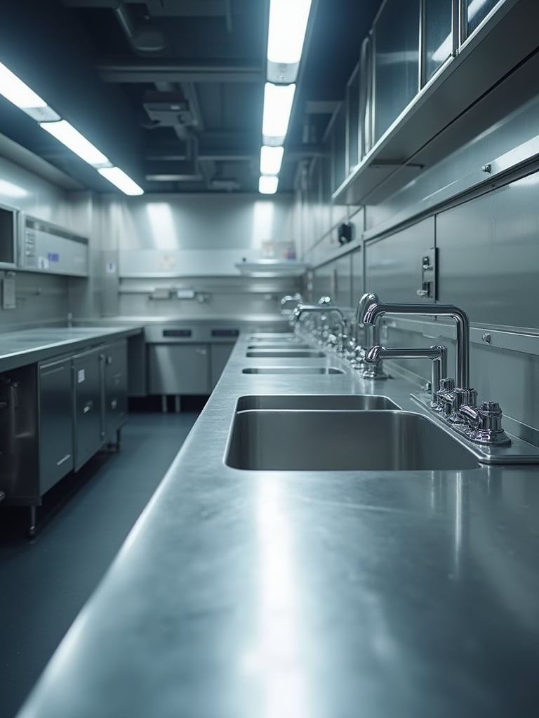Industrial kitchen washing area with multiple stainless steel sinks, illustrating different potential applications for various stainless steel grades like 304 and 316.