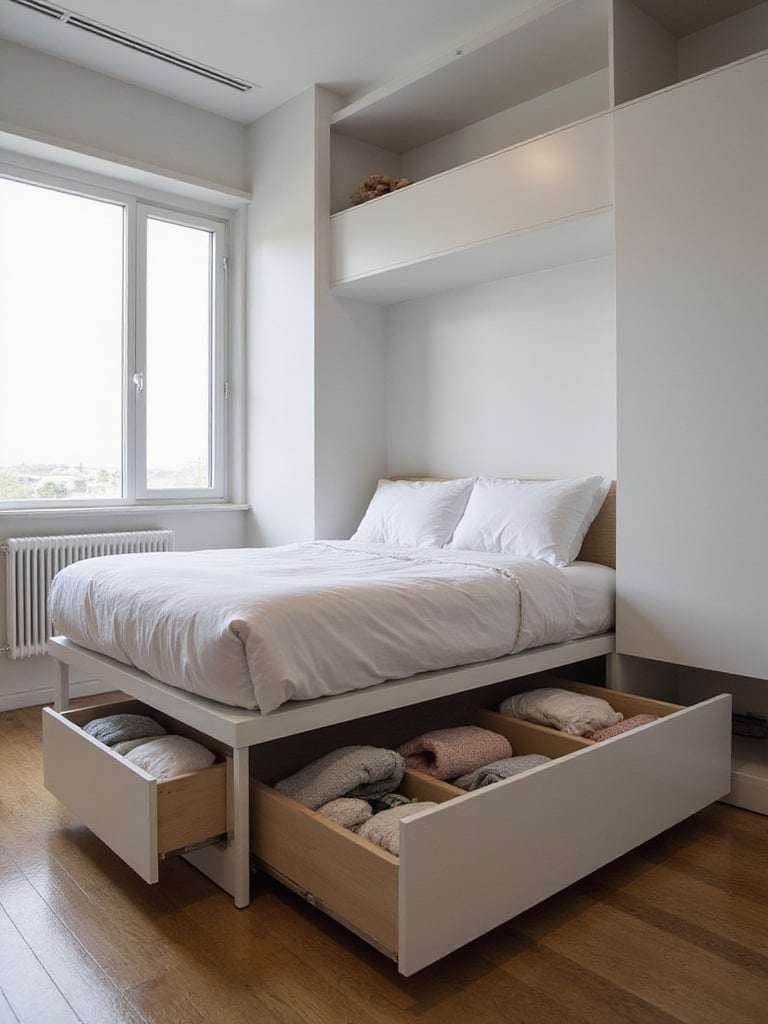 Under bed storage solutions in a small modern bedroom, showing stylish drawers or bins integrated into the bed frame to maximize space.