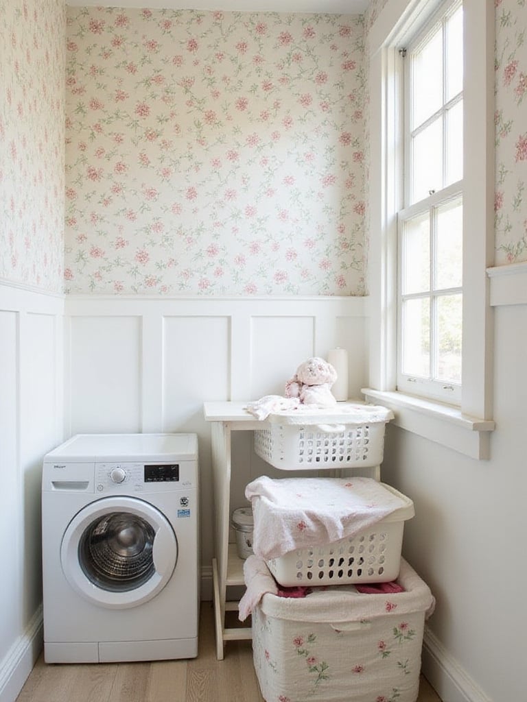 Cozy laundry room with small-scale floral wallpaper and organized space
