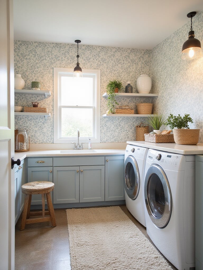 Stylish laundry room with budget-friendly wallpaper and modern appliances