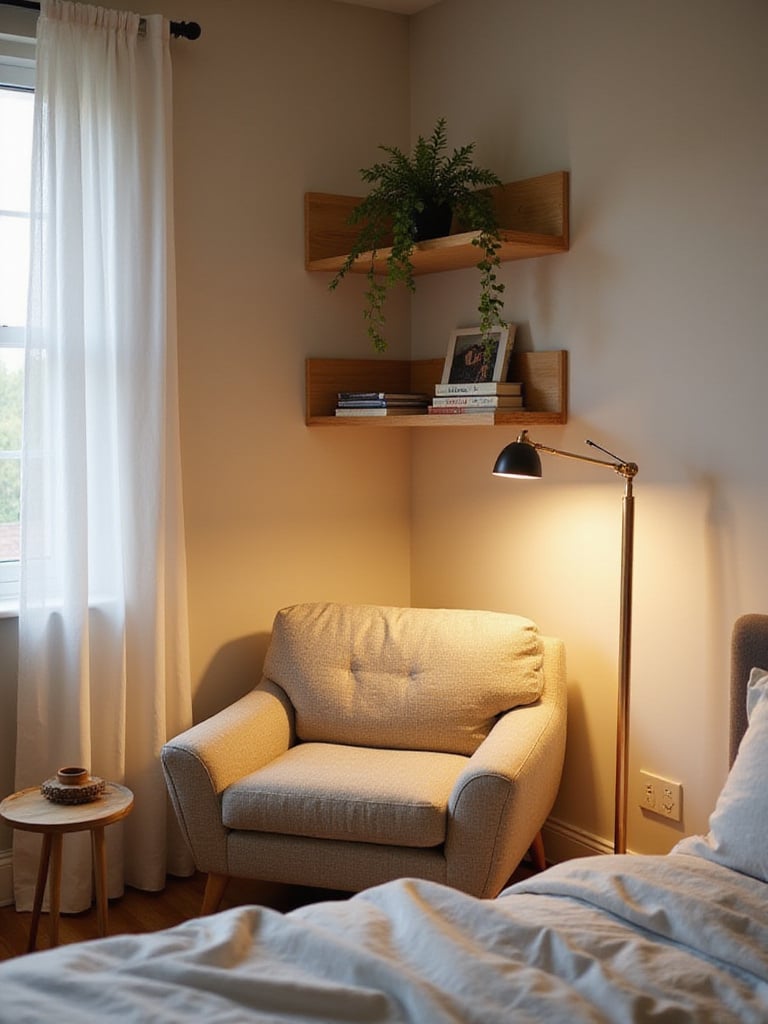 A small bedroom corner efficiently used with floating corner shelves holding decor and books, a compact accent chair, and a floor lamp.