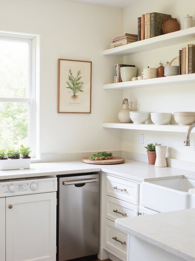 Modern farmhouse kitchen featuring botanical print above stove, open shelving with cookbooks and ceramic bowls, and herb garden above sink.