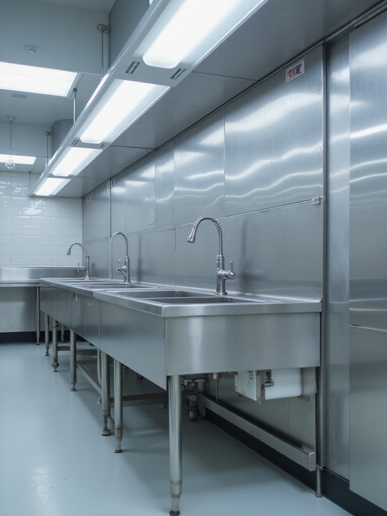 Large stainless steel industrial kitchen sink featuring a high integrated backsplash for wall protection and enhanced hygiene.