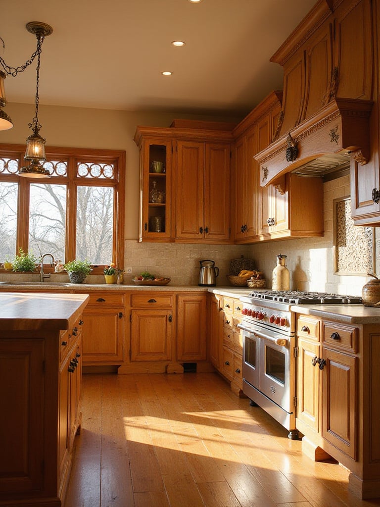 A traditional kitchen featuring warm, inviting wood tones in the cabinetry, island, and flooring, bathed in natural light.