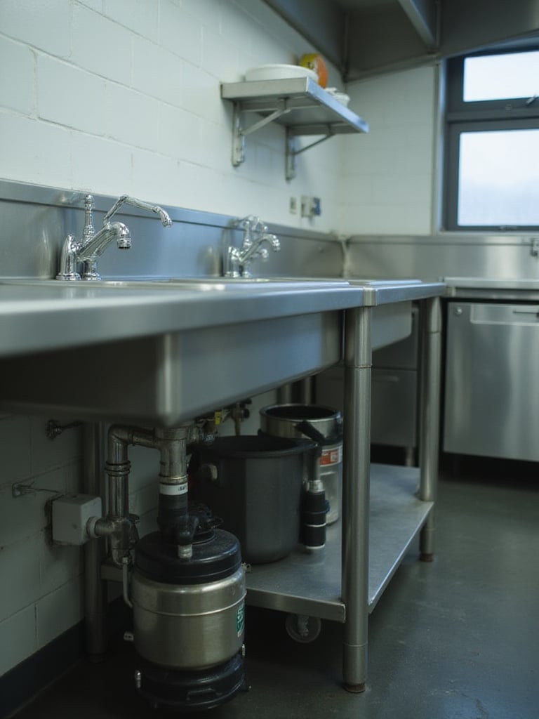 Industrial stainless steel kitchen sink with integrated heavy-duty commercial garbage disposal unit and plumbing visible underneath.