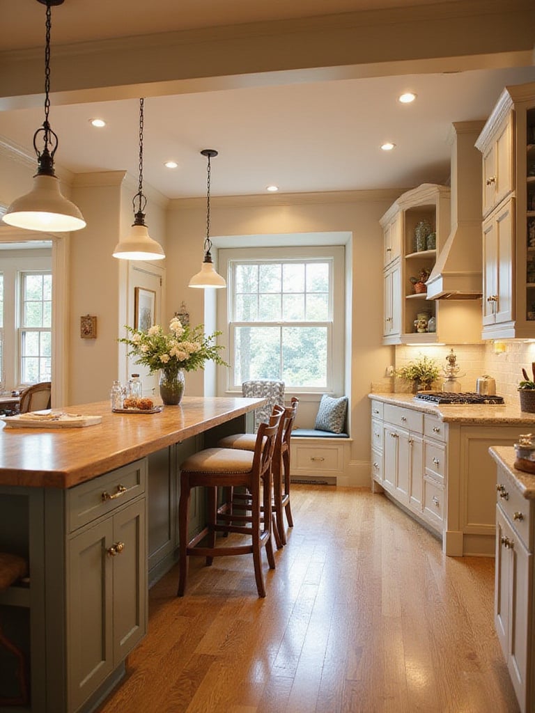 A warm and inviting traditional kitchen featuring a large island with comfortable seating, classic cabinetry, natural stone countertops, and soft layered lighting, designed to foster a welcoming, family-focused atmosphere.