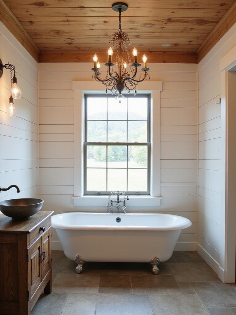 Rustic bathroom with wrought iron chandelier above clawfoot tub