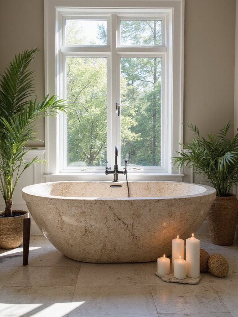 Luxurious natural stone bathtub in a serene bathroom setting