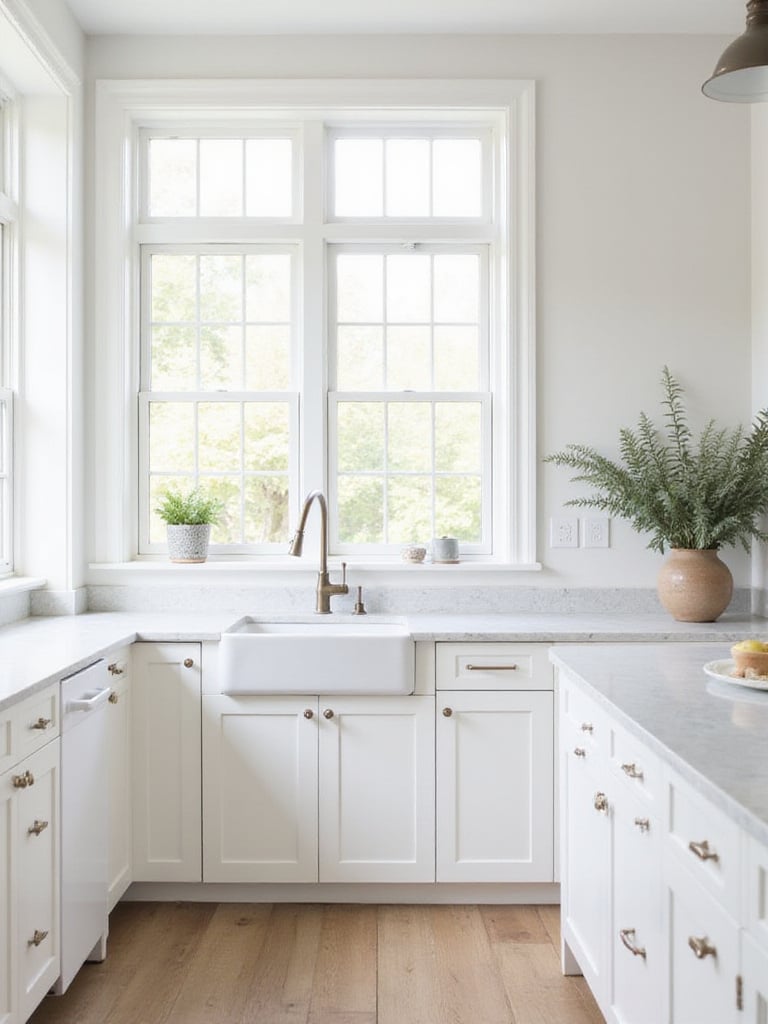 A bright kitchen with white Shaker cabinets and quartz countertop, showcasing timeless design.