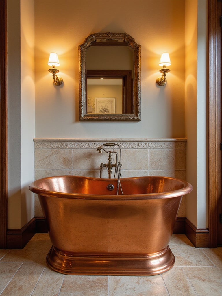 Luxurious copper bathtub in an elegant bathroom setting