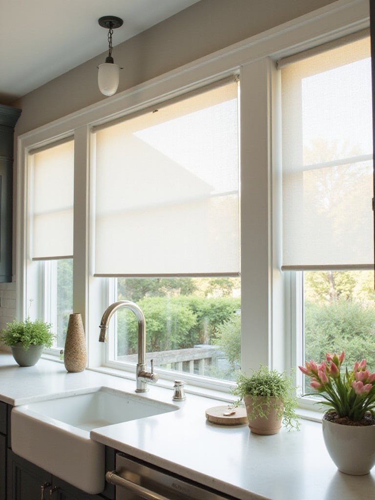 A kitchen with optimized natural light through strategic window treatments