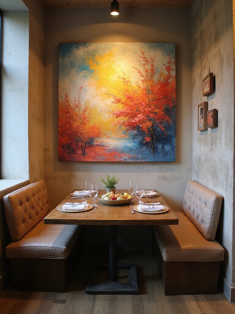 A cozy dining nook with large-scale abstract art above a rustic wooden table.