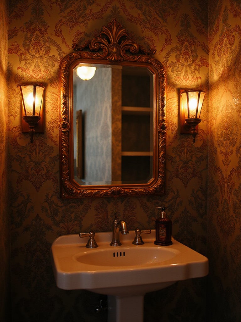 Vintage bathroom with illuminated wallpaper showcasing vibrant patterns