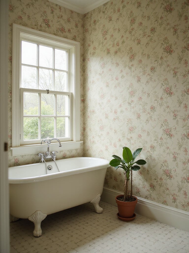 Vintage bathroom with delicate floral wallpaper and natural light.