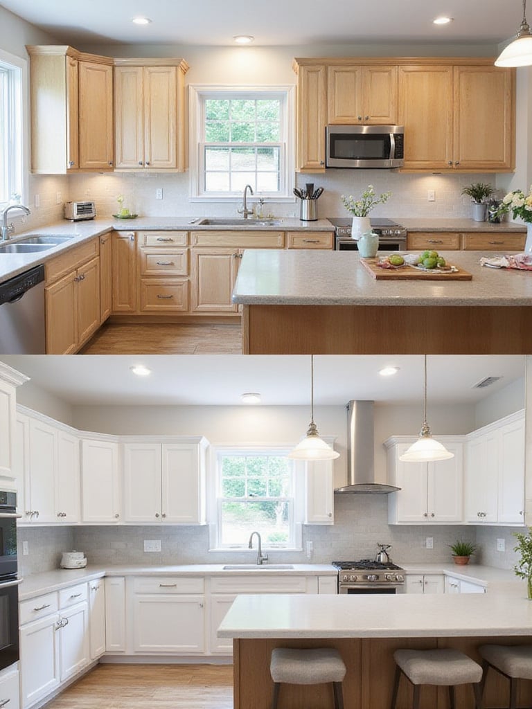 A split view of a remodeled kitchen showcasing refaced and replaced cabinets.