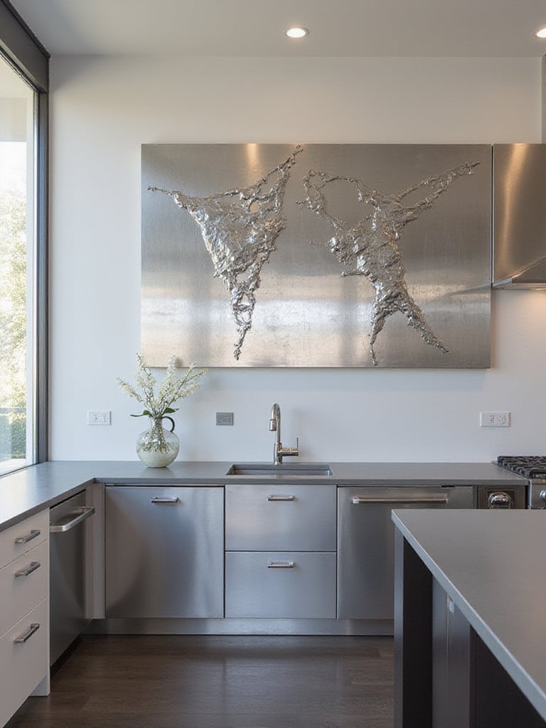 Modern kitchen with durable metal art above a sleek island