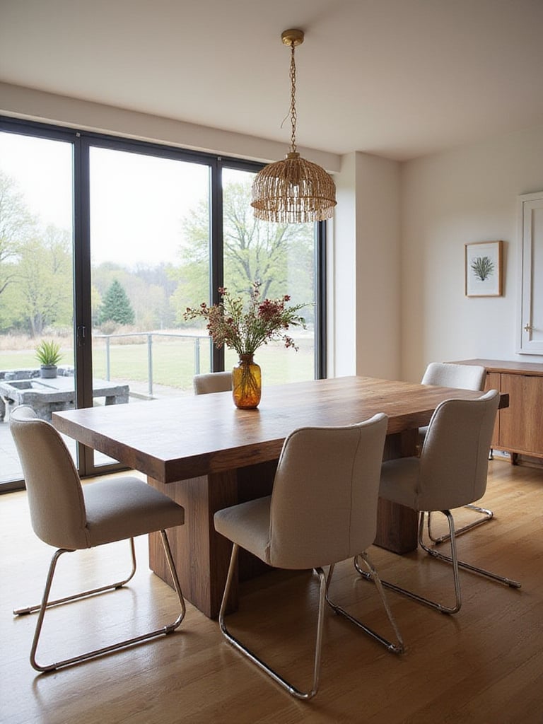 Contemporary dining room with sustainable materials including FSC-certified black walnut table and recycled aluminum chairs.