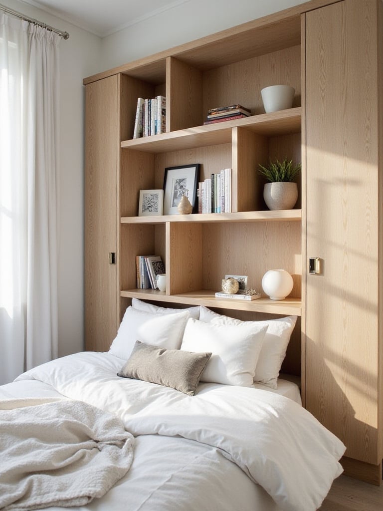 Cozy bedroom with a headboard featuring integrated shelves and cubbies, showcasing organized storage.
