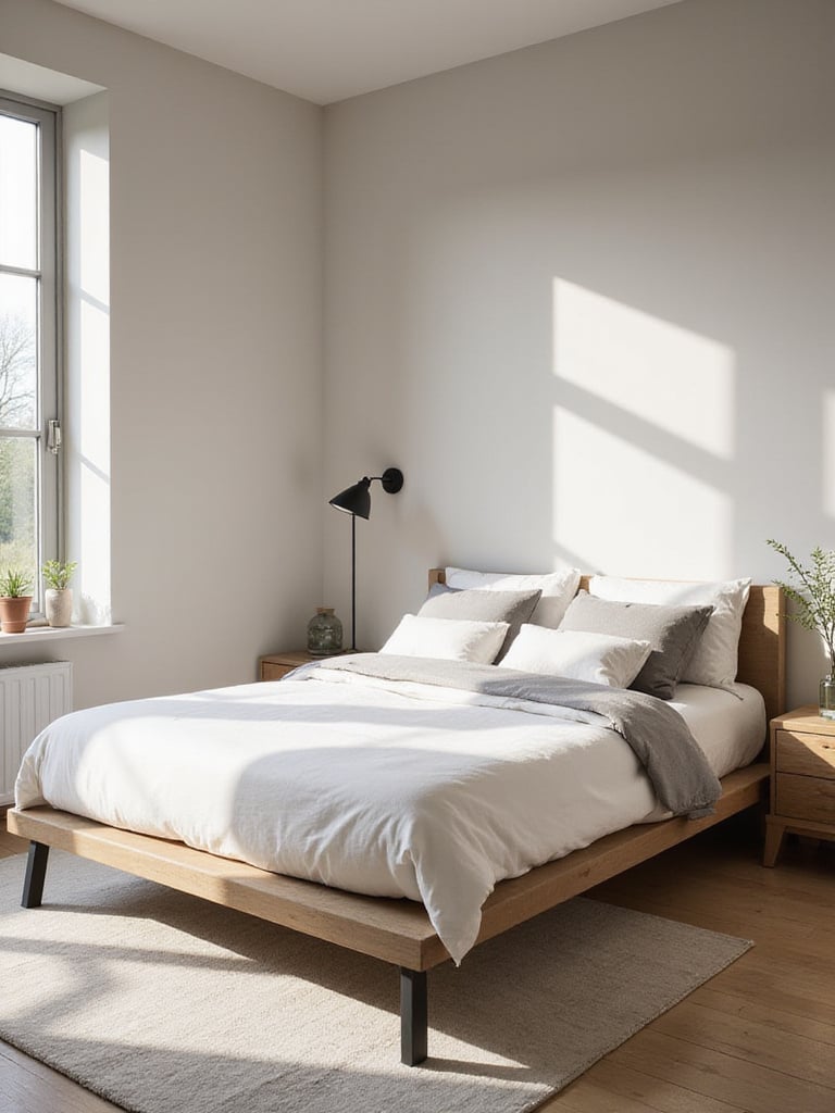 Portrait image of a small bedroom with a low-profile platform bed, neutral decor, and natural lighting.