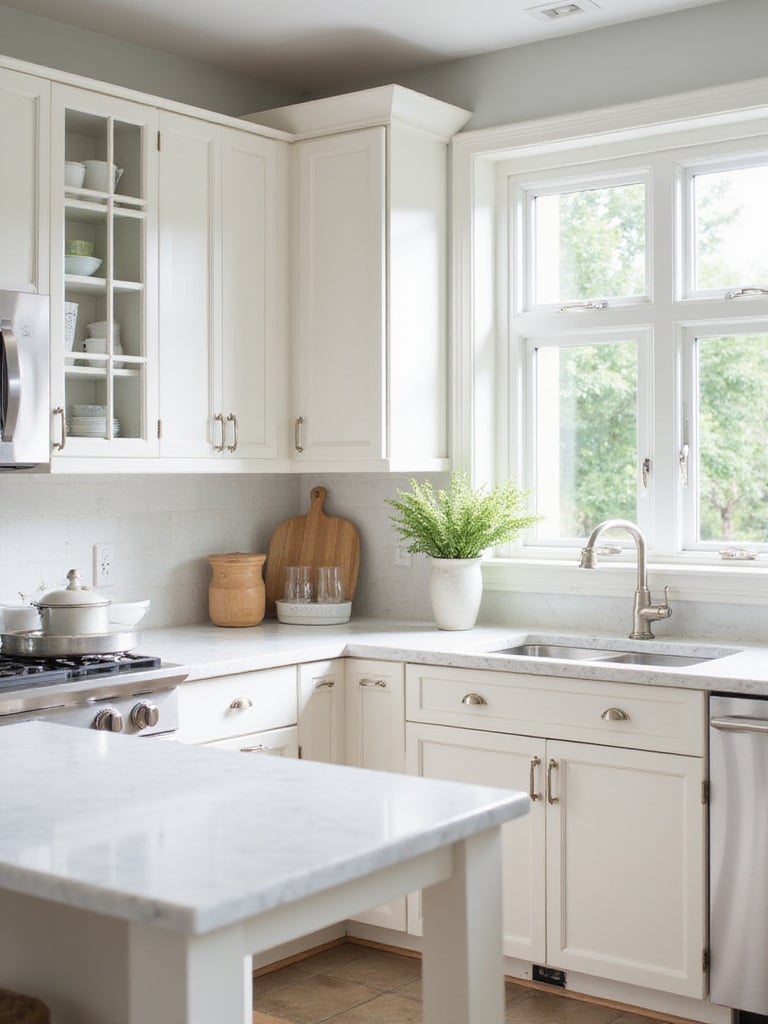 A well-lit kitchen showcasing various shades of white cabinet paint under natural light.