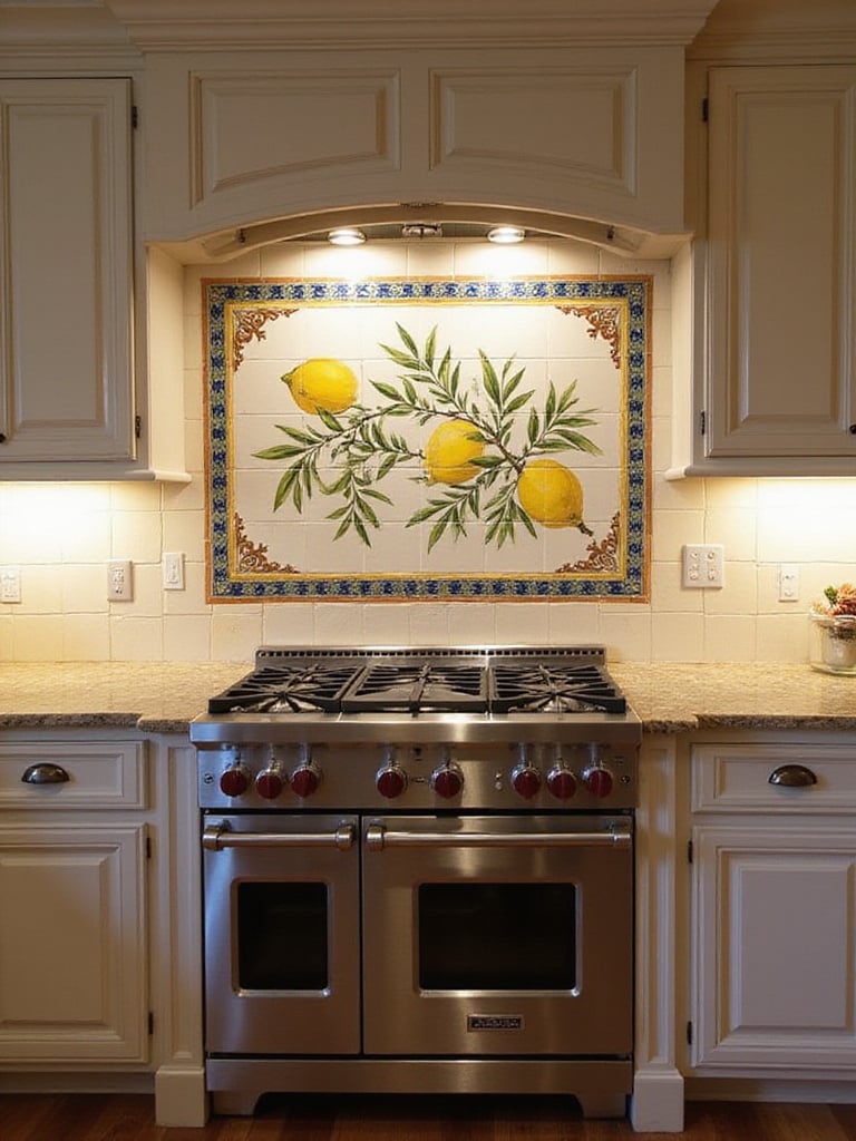 A hand-painted ceramic tile mural in a modern kitchen showcasing vibrant Mediterranean themes.