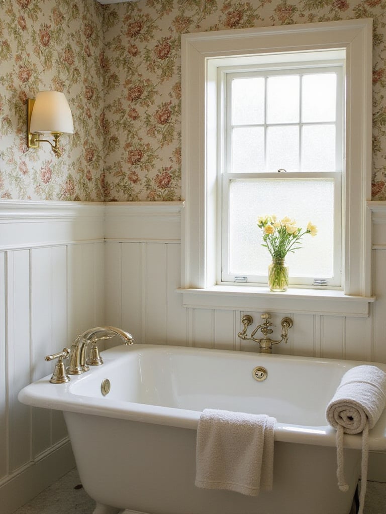 Vintage bathroom with moisture-resistant wallpaper in floral design.