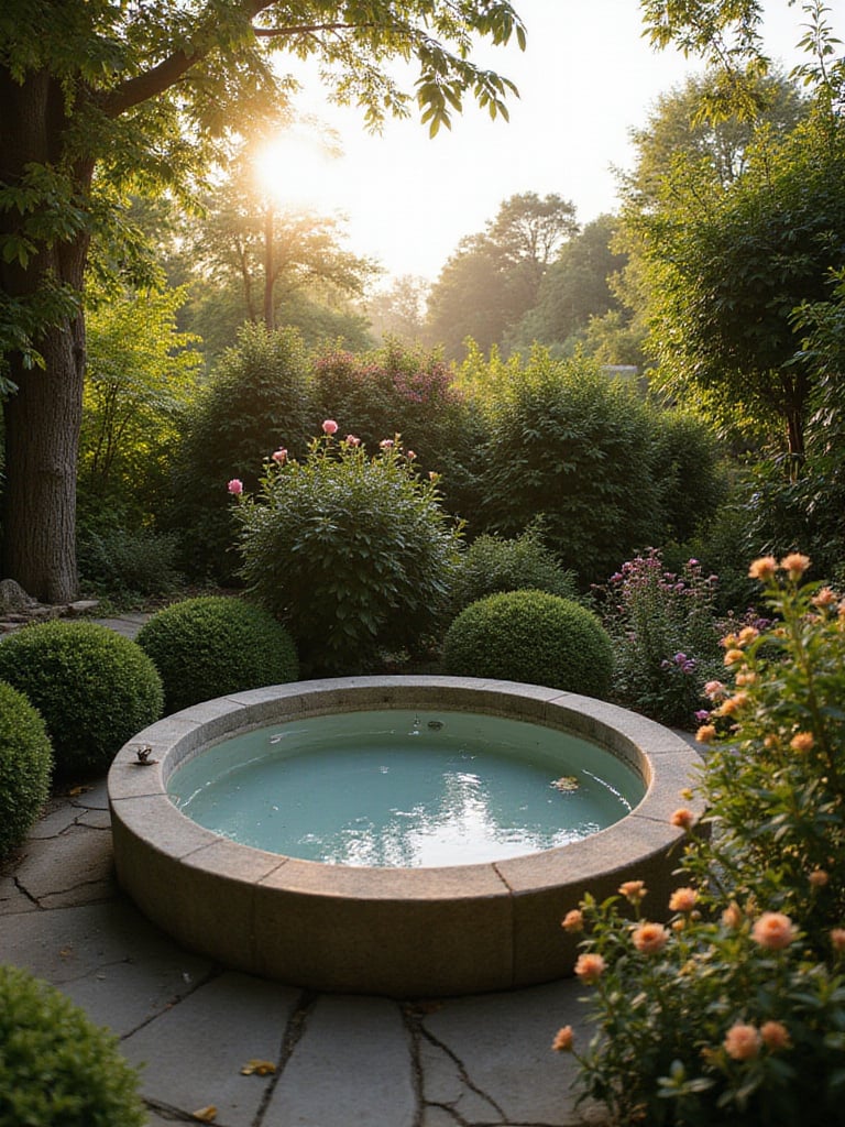 A serene outdoor bathtub surrounded by lush foliage and flowers in a tranquil garden setting.