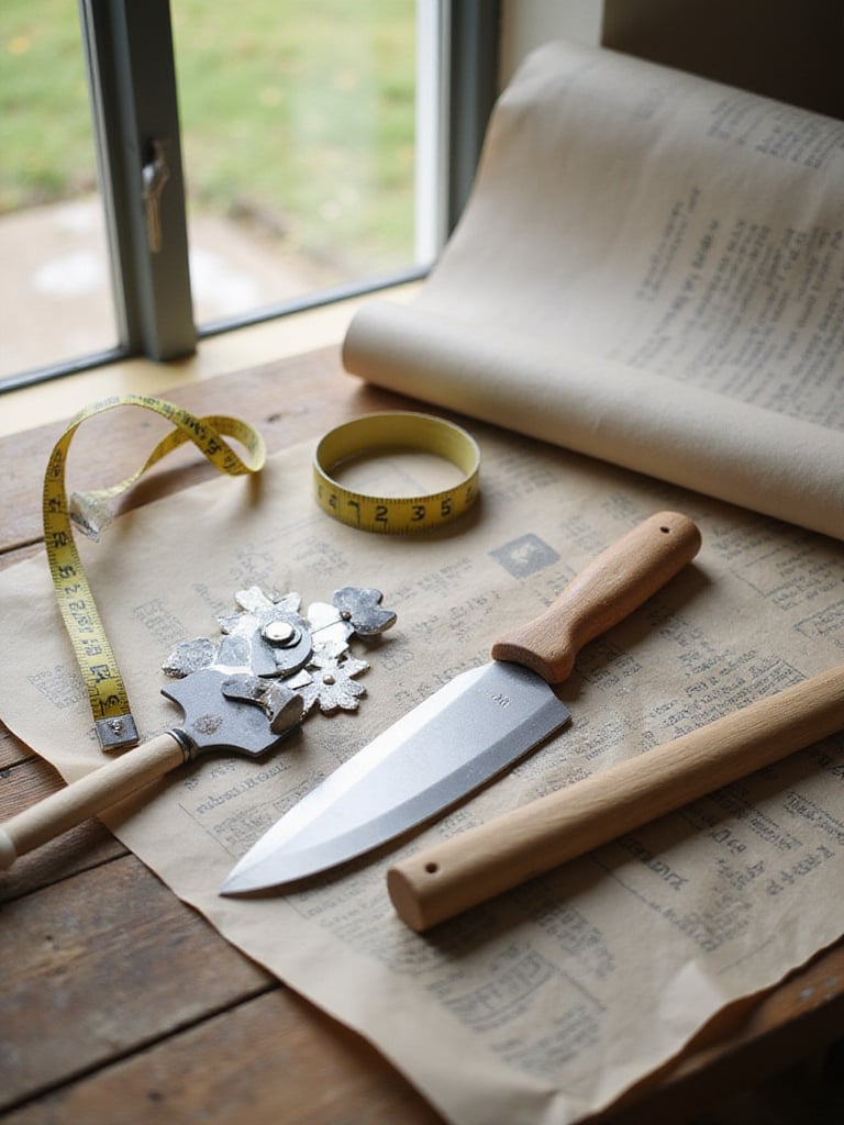 Essential tools for DIY wallpaper installation arranged on a wooden table.