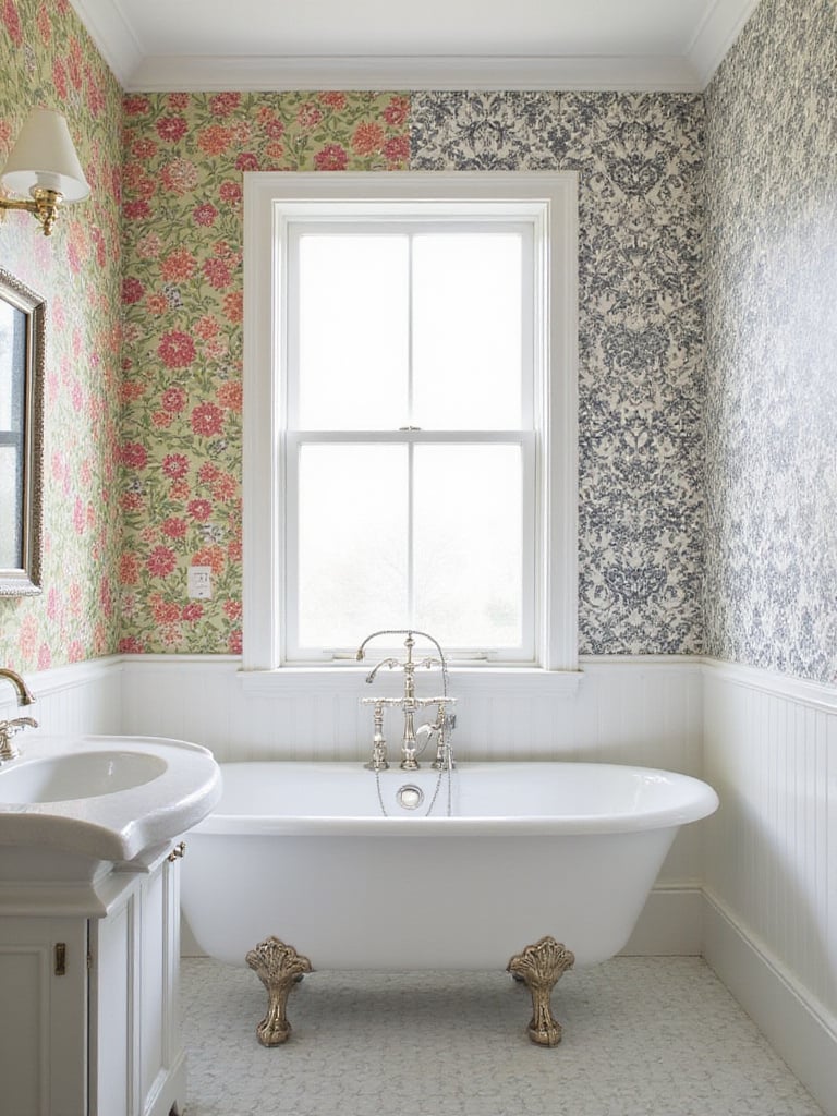 A bathroom showcasing peel-and-stick and traditional wallpaper side by side, highlighting their differences.