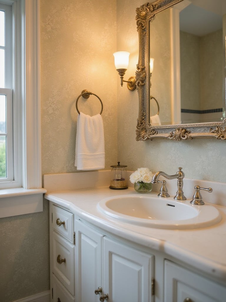 Vintage bathroom with polished nickel faucet and antique-style sink surrounded by period-appropriate hardware.